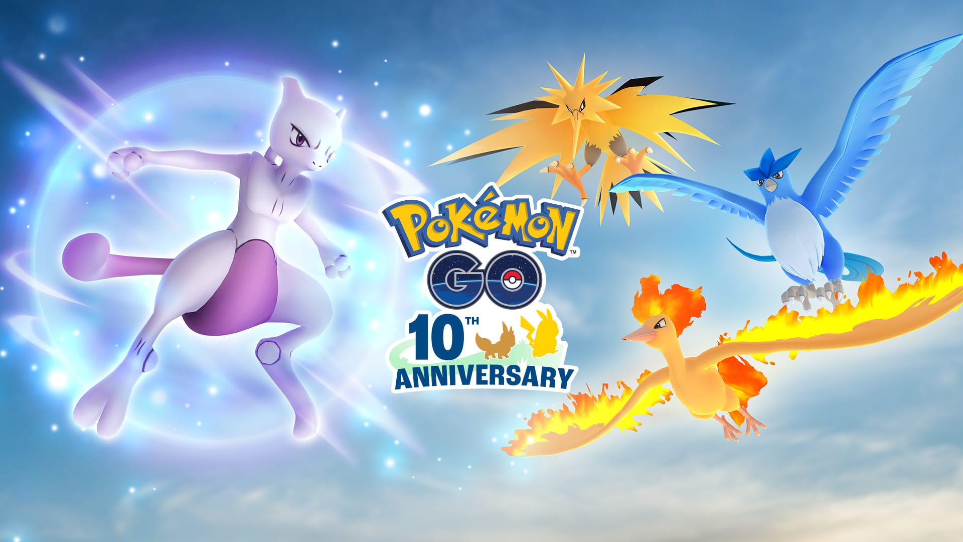 A Pokémon Go 10th Anniversary logo, with Mewtwo, Zapdos, Moltres and Articuno.
