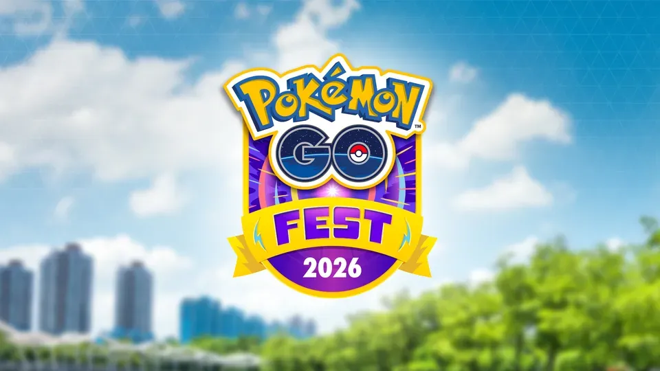 A Pokémon Go Fest 2026 logo against a sunny sky background.