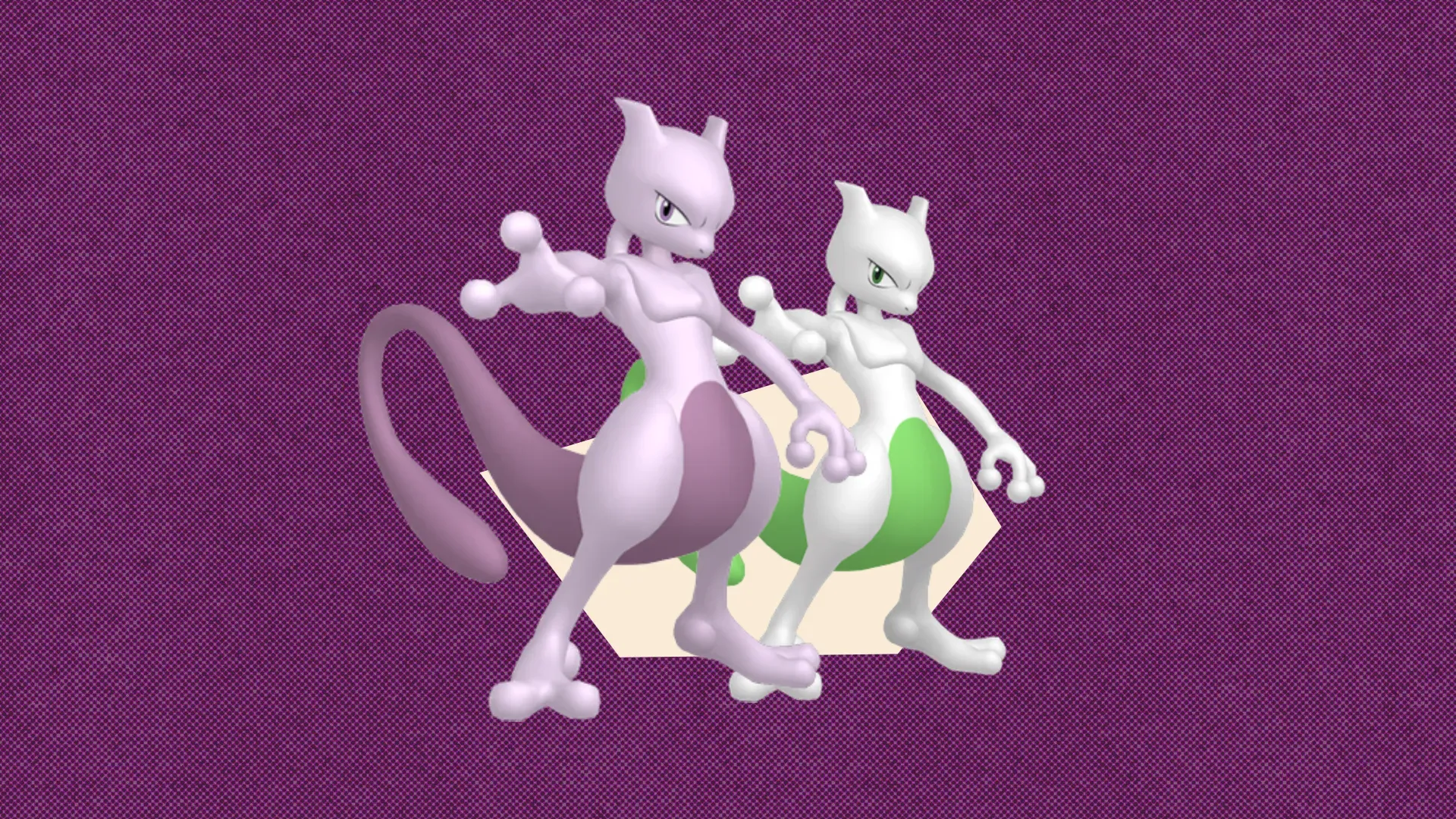 Mewtwo and shiny Mewtwo in front of a polygonal shape and textured background.