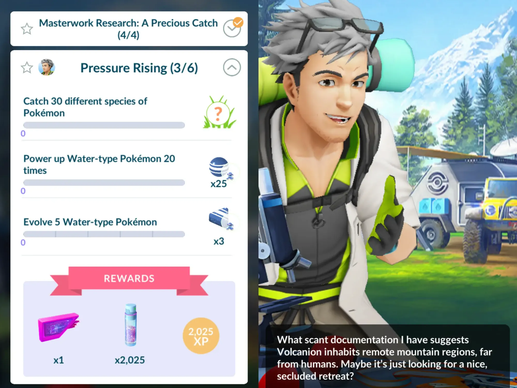 Two side-by-side images showing Pressure Rising Special Research and dialogue from Professor Willow.