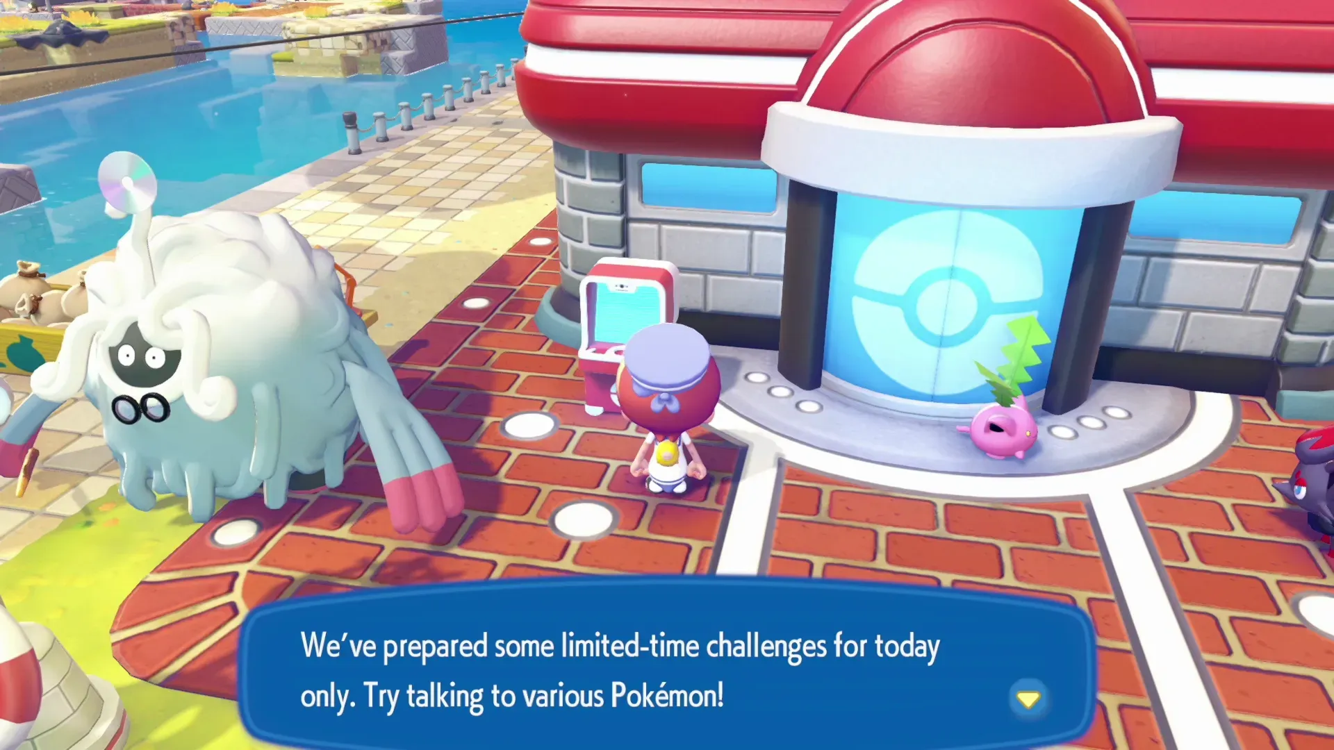 Interacting with the PC in Pokémon Pokopia with the text: "We've prepared some limited-time challenges for today only. Try talking to various Pokémon!"