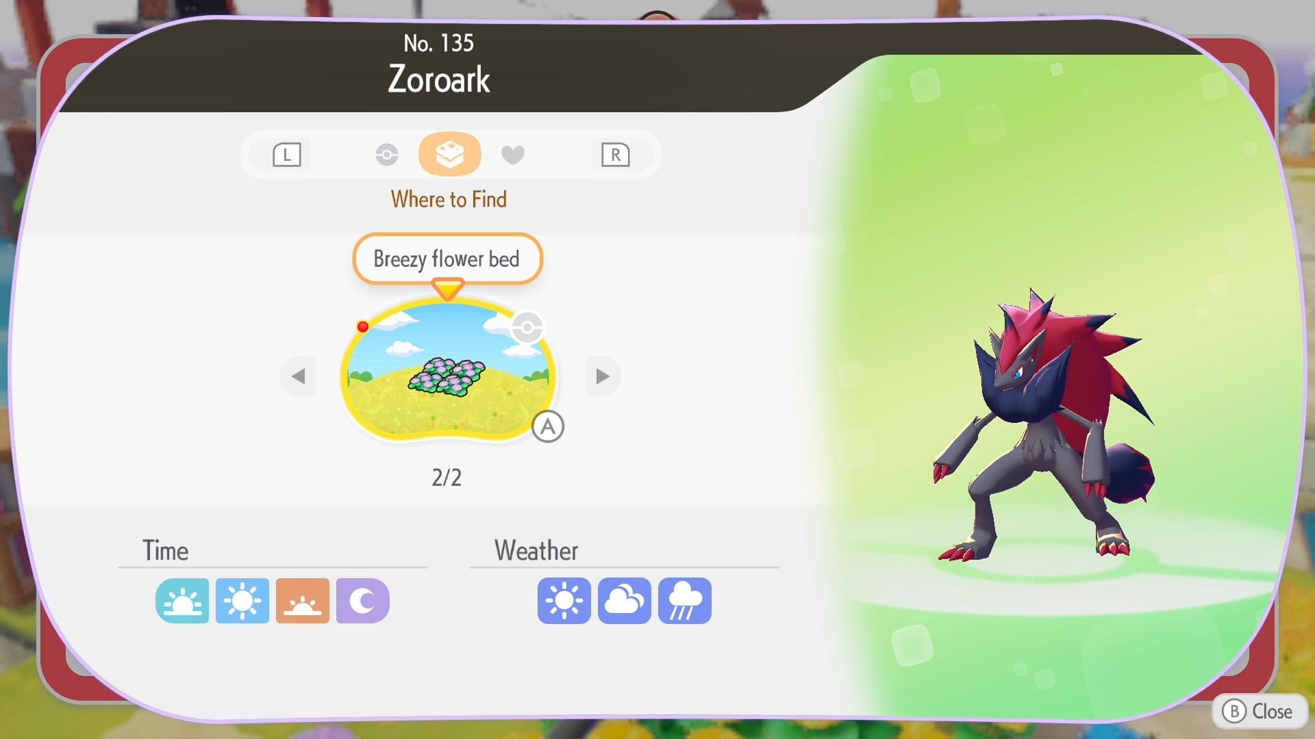 Zoroark's Pokédex entry in  in Pokémon Pokopia.