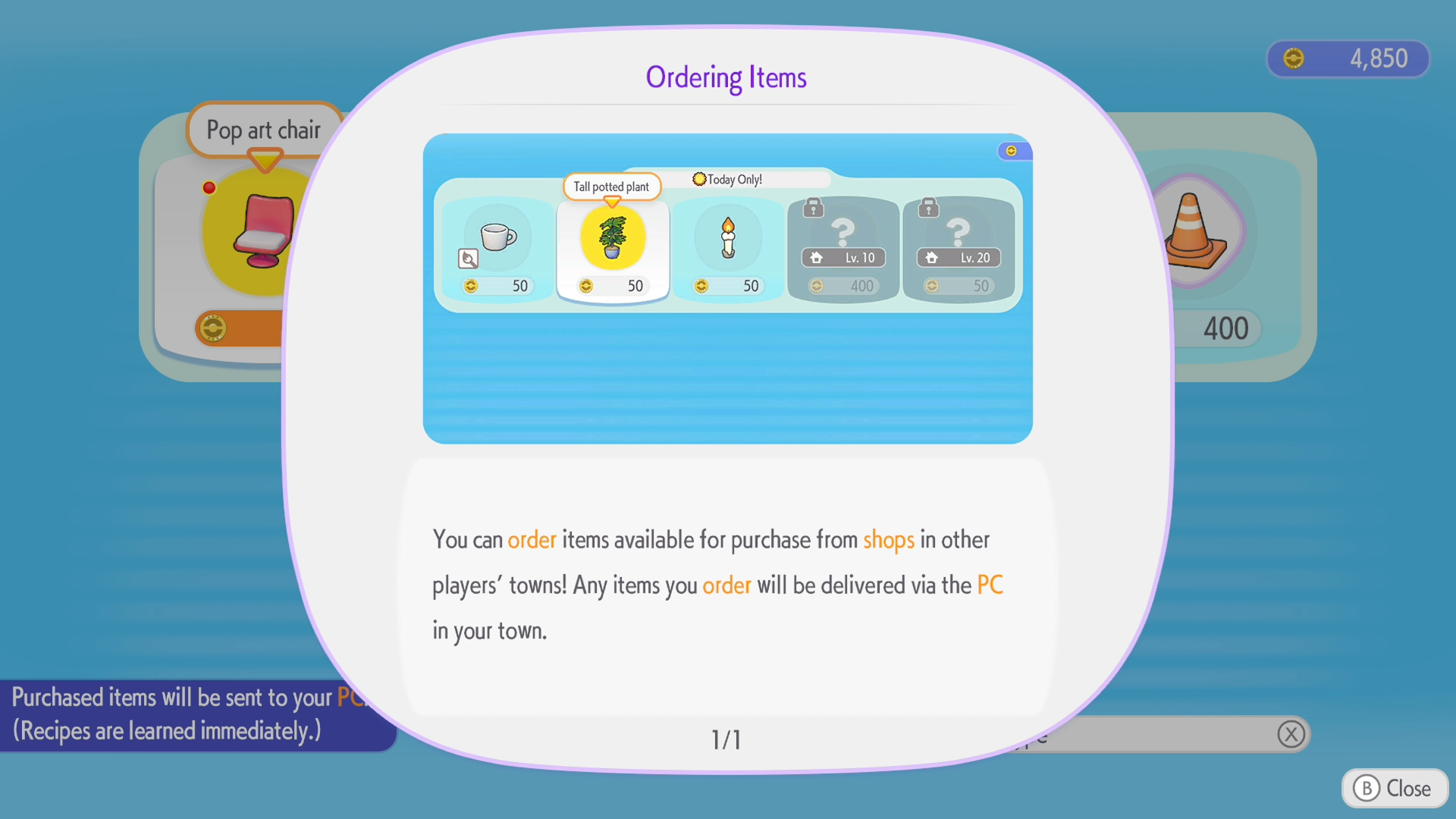 A tutorial with the text 'You can order items available for purchase from shops in other players' towns! Any items you order will be delivered via the PC in your town.' in Pokémon Pokopia.
