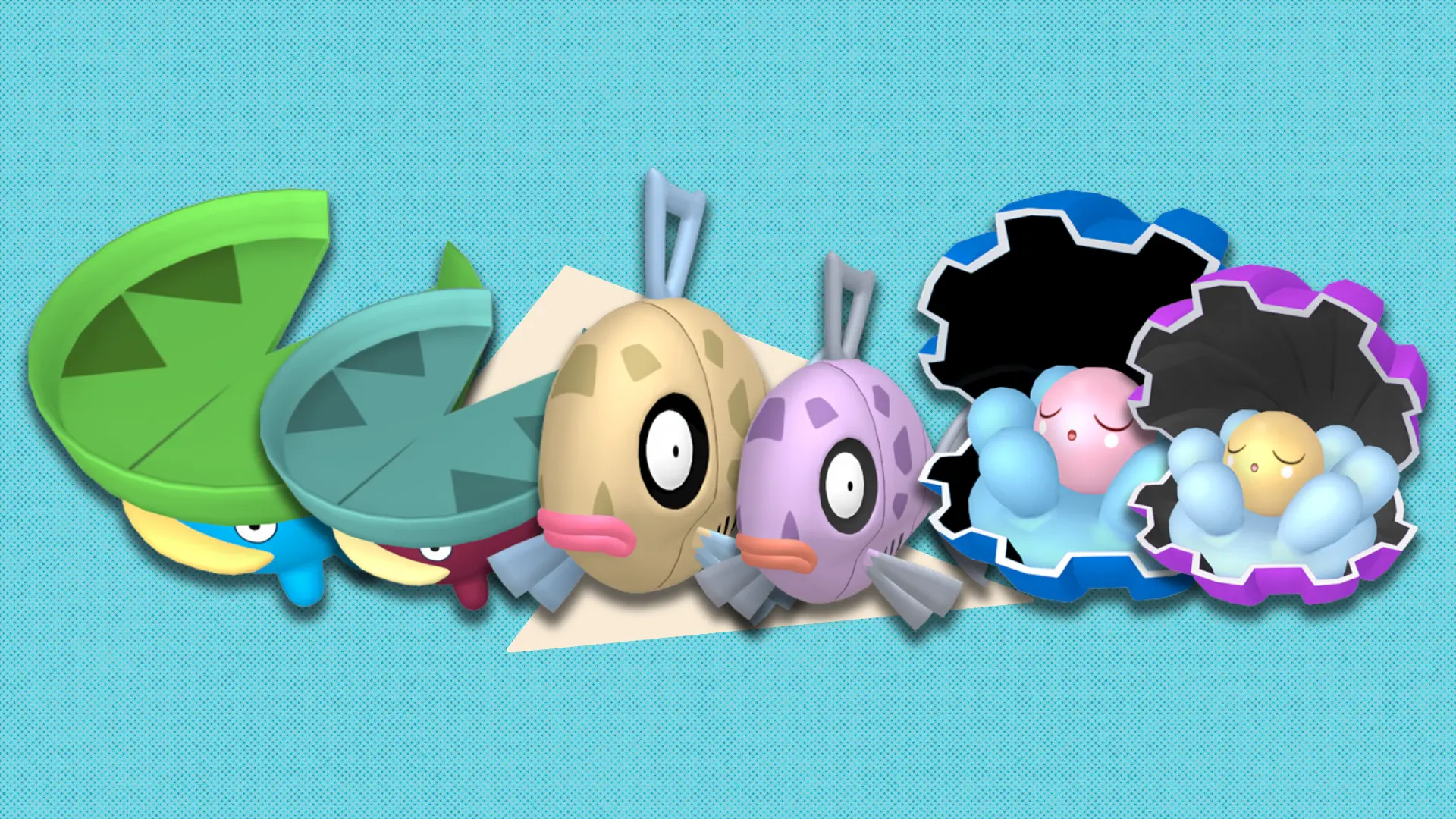 Replay: Water Research Day Pokémon Feebas, Clamperl, and Lotad and their shinies in front of a polygonal shape and blue textured background.