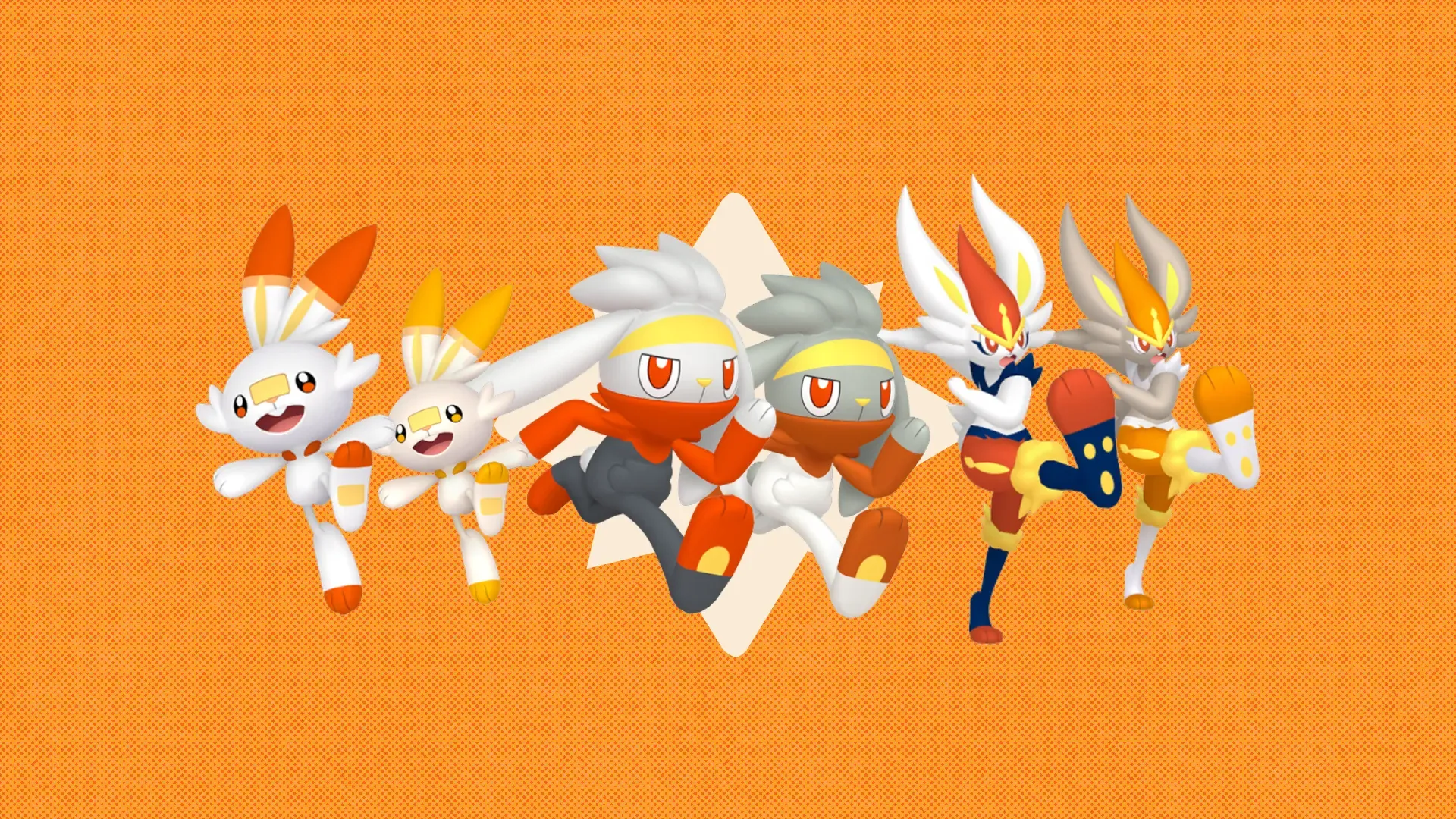 Scorbunny, Raboot, and Cinderace, and their shiny versions, against an orange textured background.