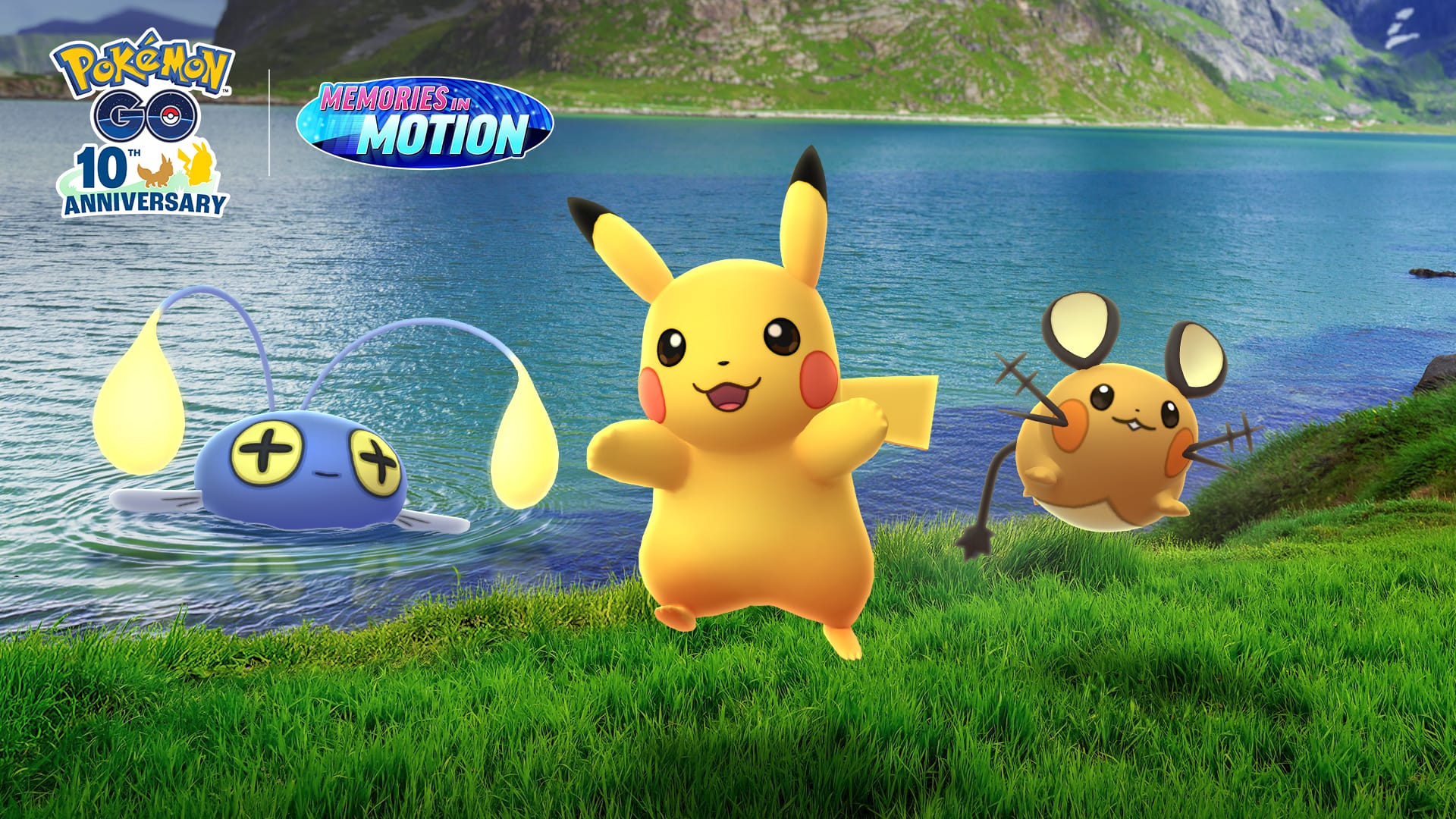 Chinchou, Pikachu and Dedenne in a promotional image for the 'A Shockingly Good Time' event in Pokémon Go.