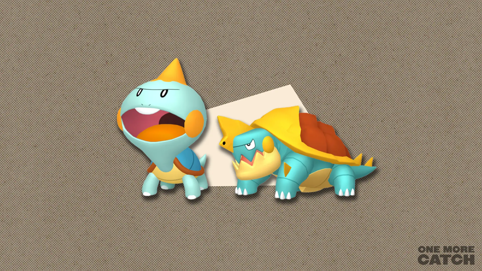 Chewtle and Drednaw in front of a polygonal shape and a textured background.