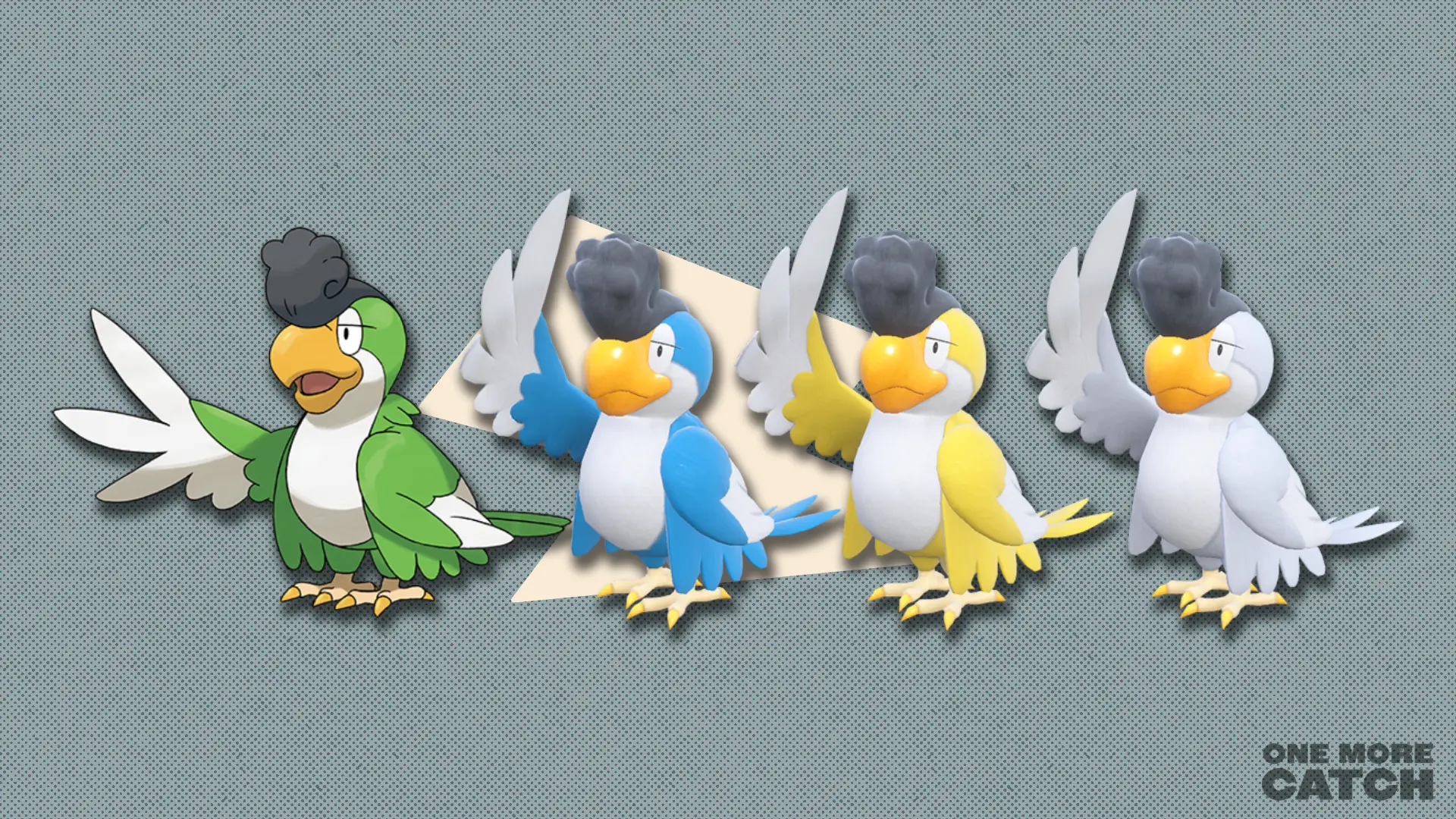 Squawkabilly in front of a polygonal shape and a textured background.