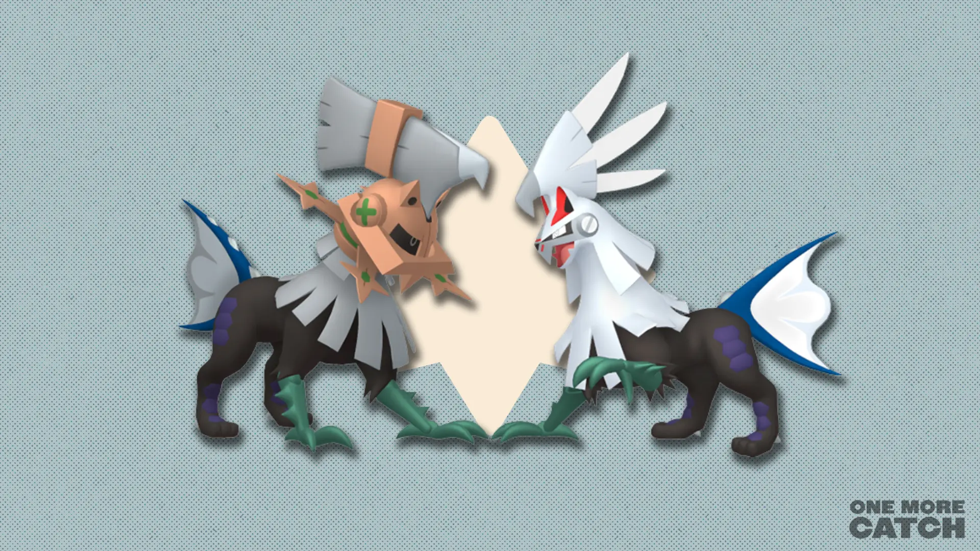 Type: Null and Silvally in front of a polygonal shape and a textured background.