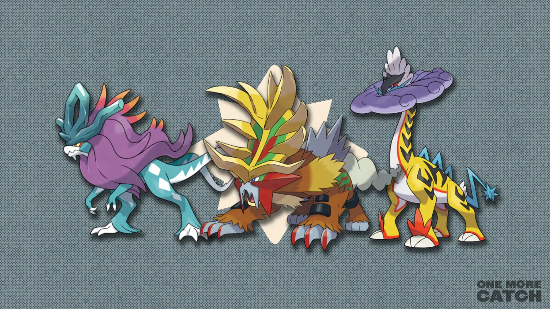 Walking Wake, Gouging Fire and Raging Bolt in front of a polygonal shape and a textured background.