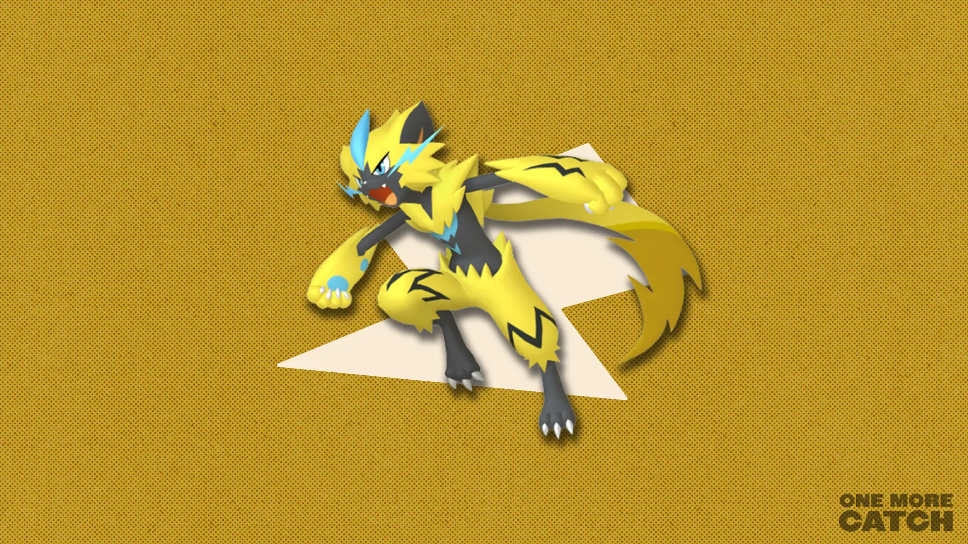 Zeraora in front of a polygonal shape and a textured background.