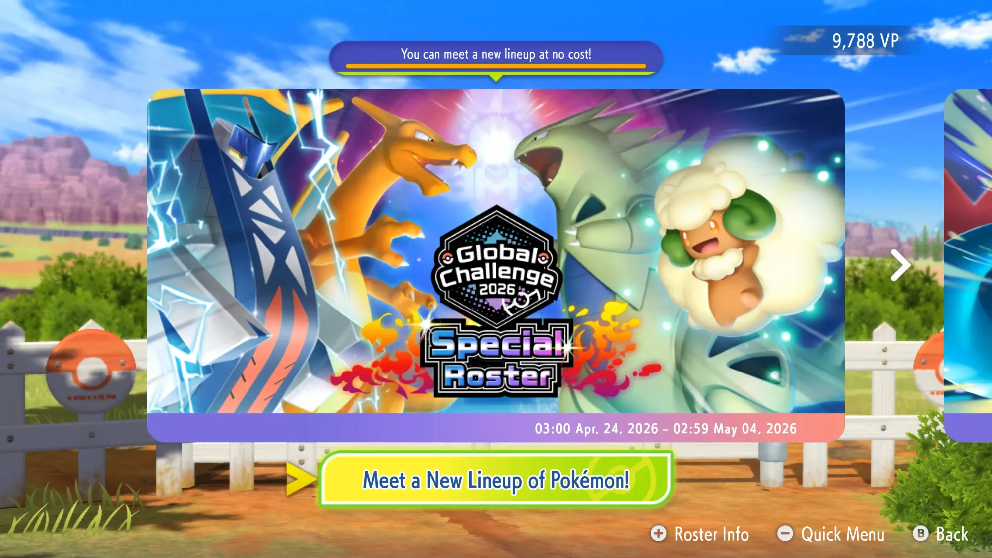 A screenshot from Pokémon Champions showing recruiting from the Global Challenge 2026 Special Roster.