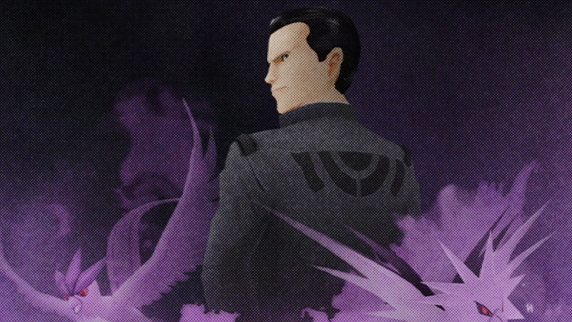 An image of Giovanni surrounded by shadow Pokémon with a textured filter on top.