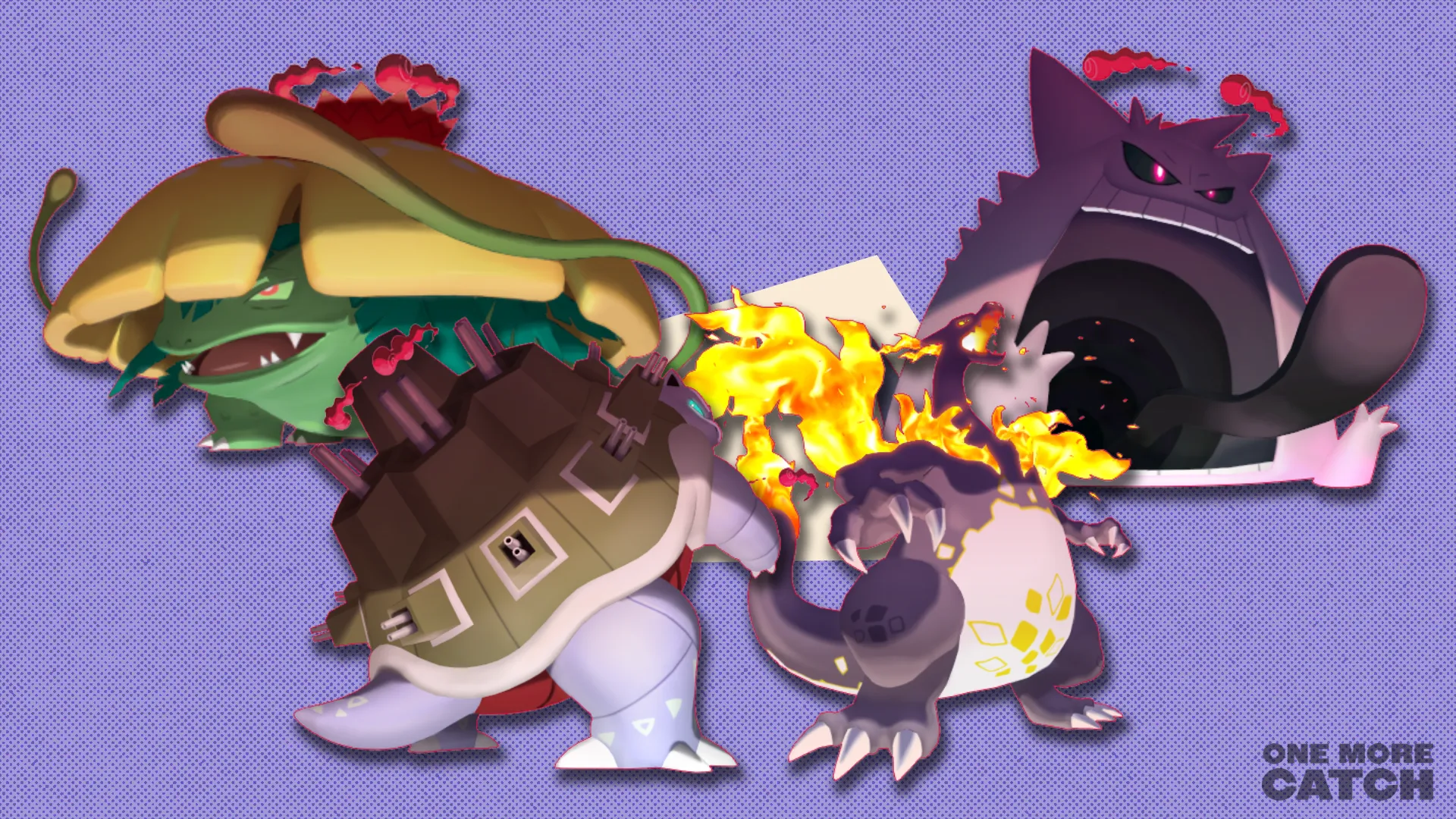 Shiny Gigantamax Venusaur, Blastoise, Charizard and Gengar next to their shinies against a textured background.