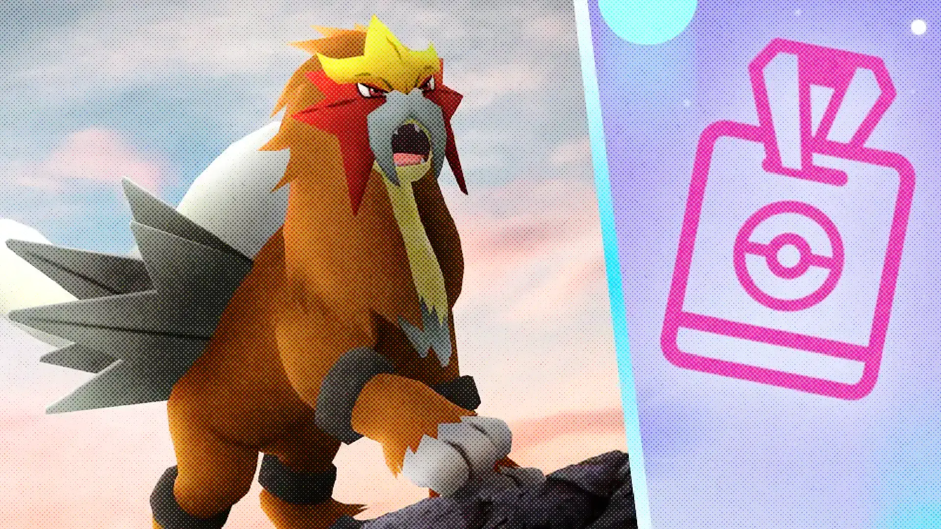 Entei and a Go Pass emblem on a textured background.
