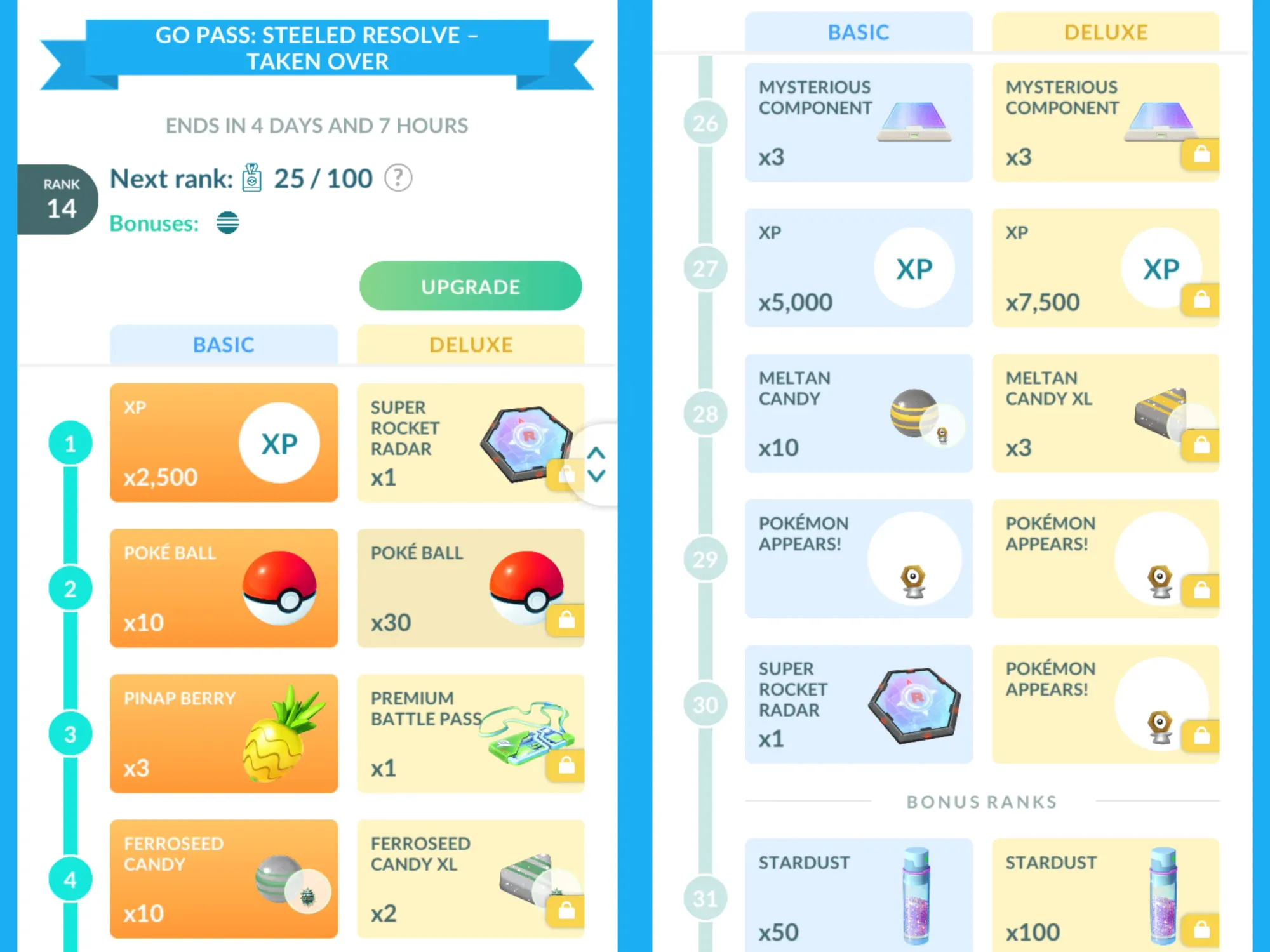 A side-by-side image showing the start and end of Go Pass: Steeled Resolve - Taken Over in Pokémon Go.