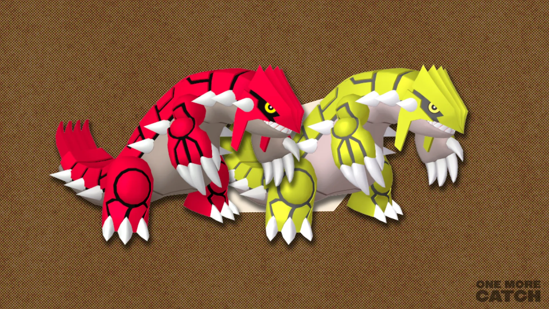 Riolu and shiny Groudon in front of a polygonal shape and textured background.
