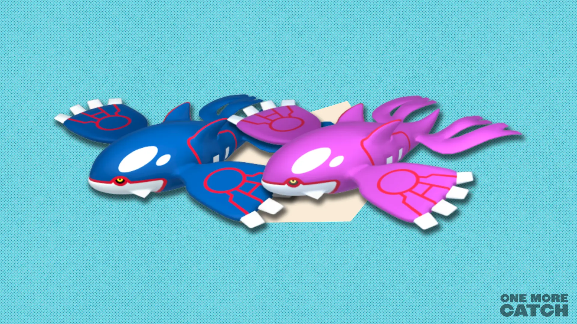 Regular and shiny Kyogre in front of a polygonal shape and a textured background.
