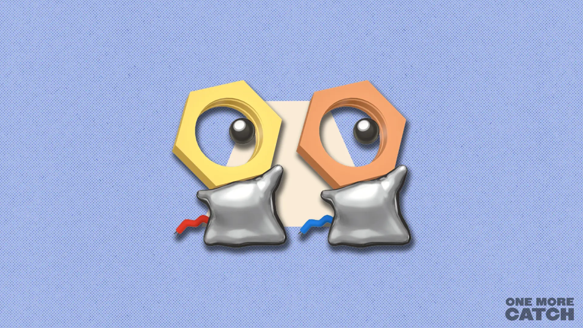 Meltan and shiny Meltan against a textured background.