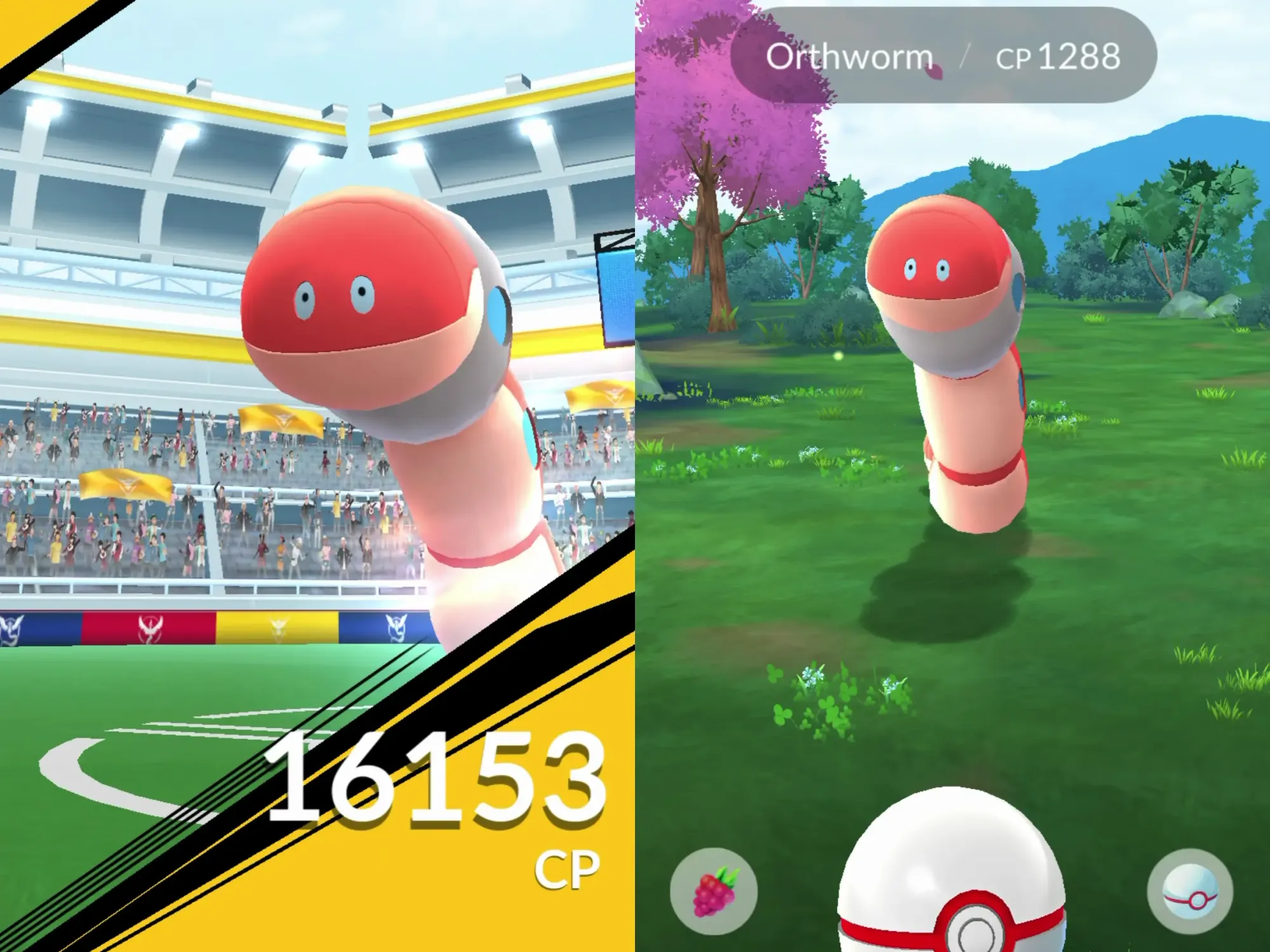 A split screenshot showing Orthworm in a Pokémon Go raid, with the text '16153 CP' on the left.