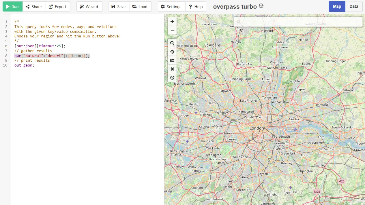 A screenshot of overpass turbo showing London with the desert filter applied.