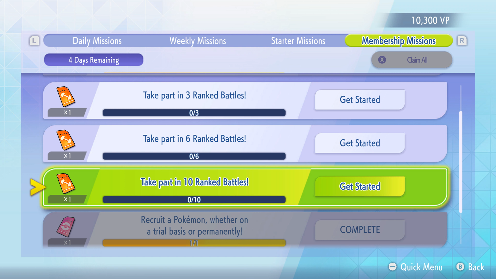 The Membership Missions menu showing how you can redeem Training Tickets in Pokémon Champions.