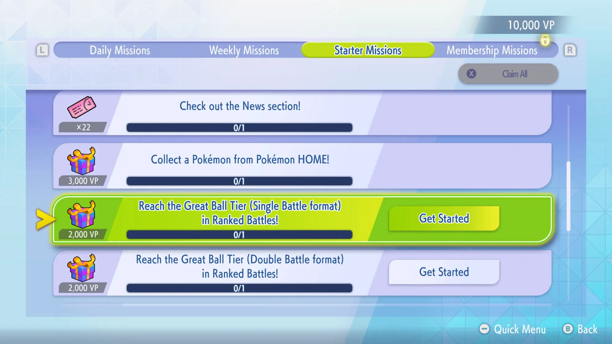 The Starter Missions menu in Pokémon Champions showing multiple opportunities to claim VP.