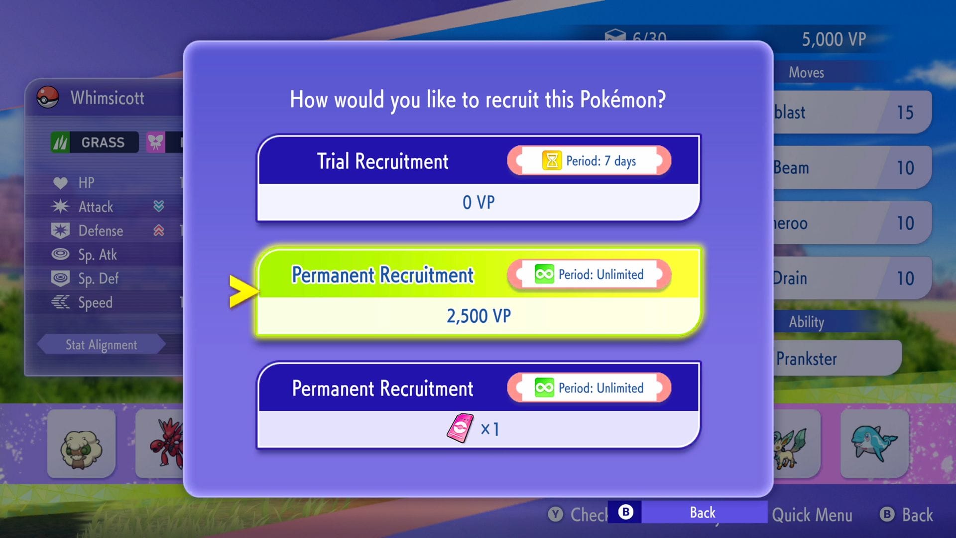 An image showing Trial Recruitment and Permanent Recruitment methods in Pokémon Champions.