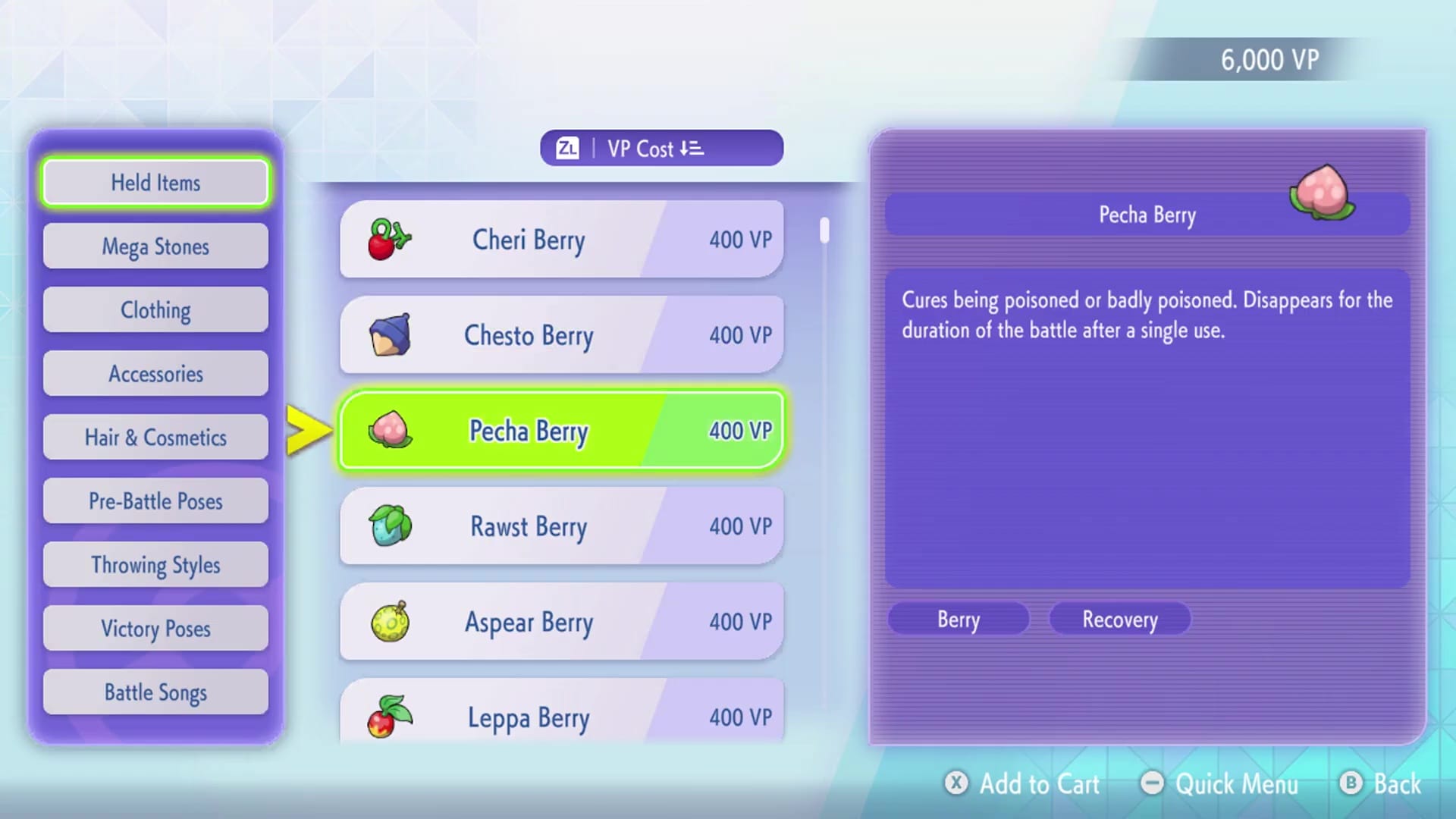 A screenshot showing held items being purchased in Pokémon Champions.