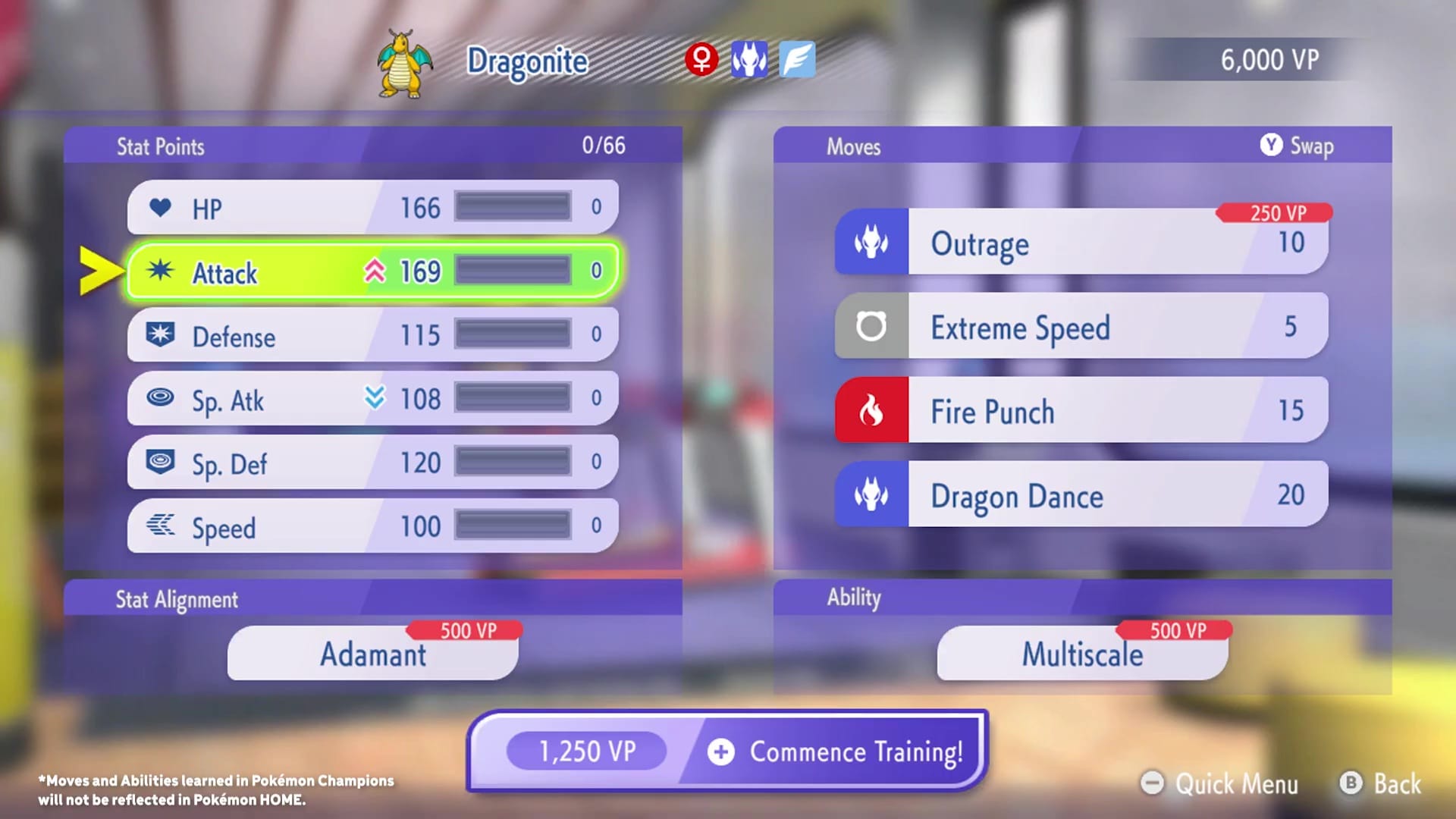 A screenshot showing training using VP in Pokémon Champions.