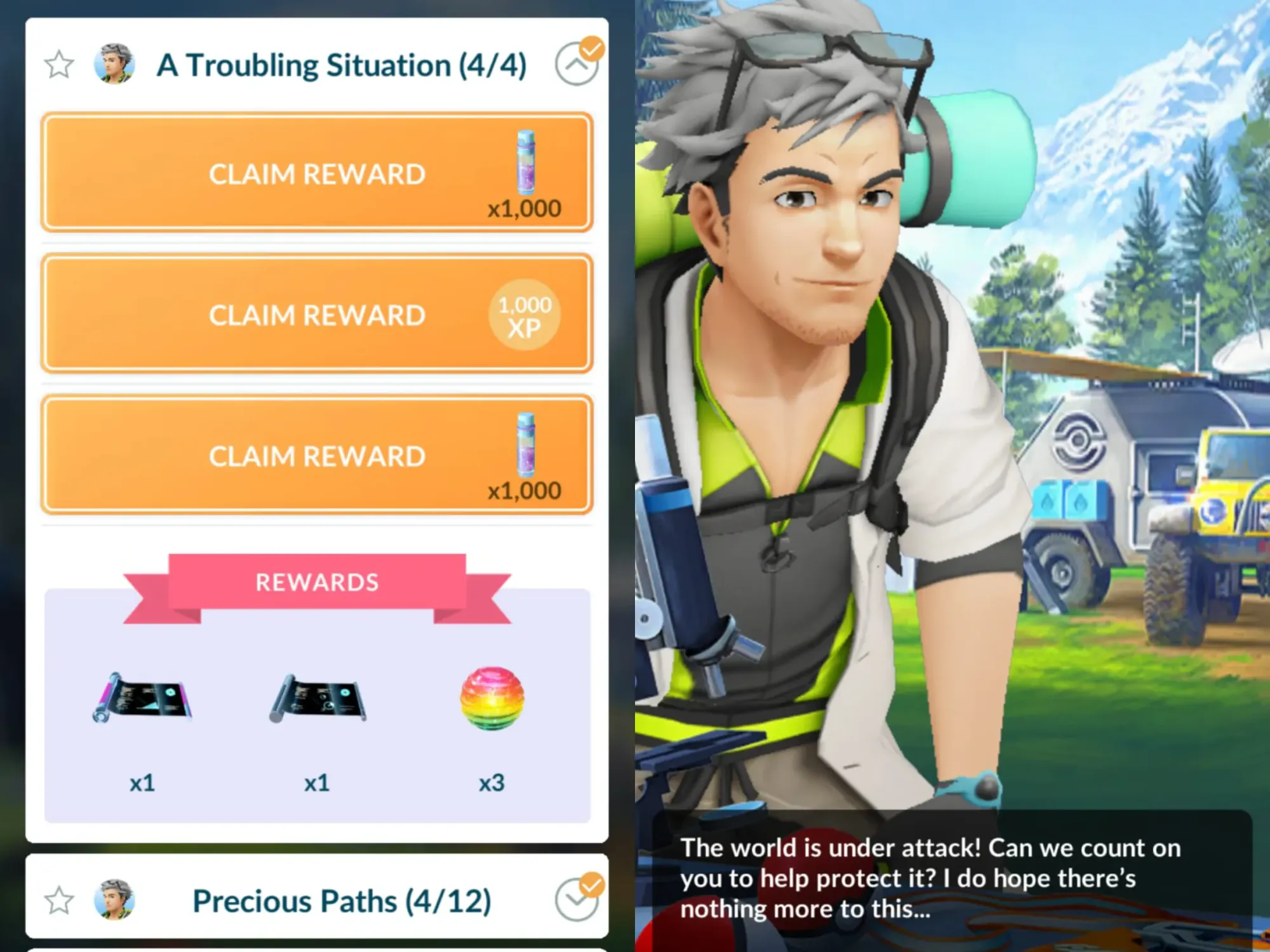 A side-by-side screenshot showing completed 'A Troubling Situation' research, and a dialogue box saying: The world is under attack! Can we count on you to help protect it? I do hope there's nothing more to this...