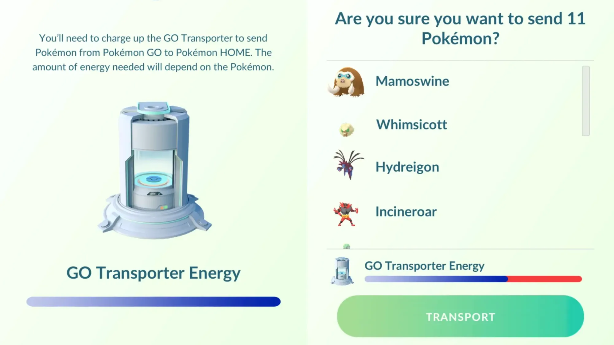 Side-by-side screenshots from Pokémon Go showing Transporter Energy, and a transport confirmation screen.