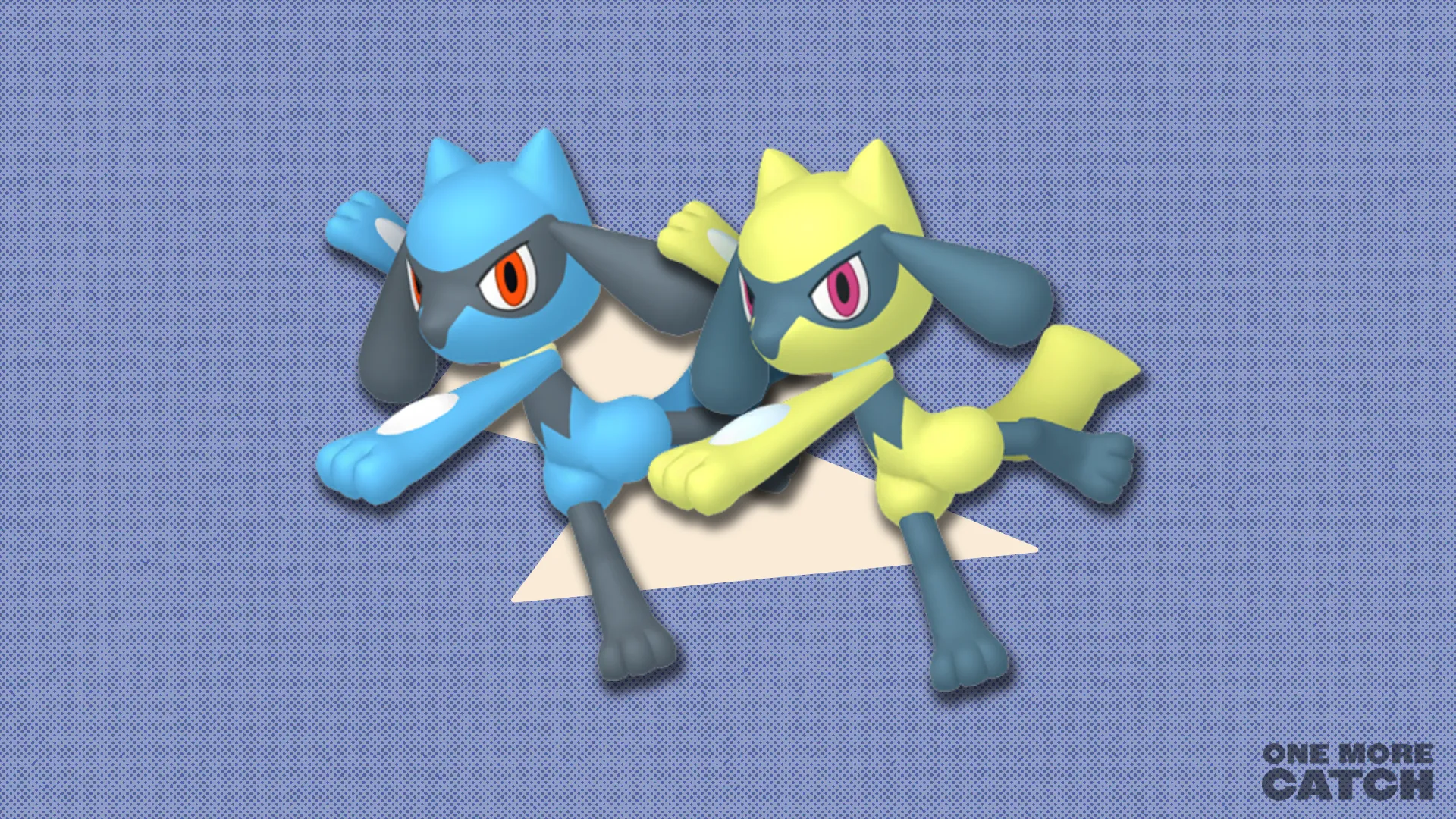 Riolu and shiny Riolu in front of a polygonal shape and textured background.