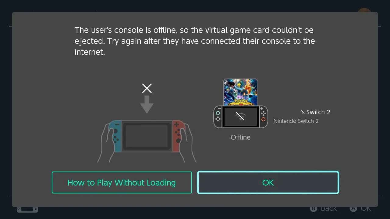 A Switch screenshot with the text: The user's console is offline, so the virtual game card couldn't be ejected. Try again after they have connected their console to the internet.