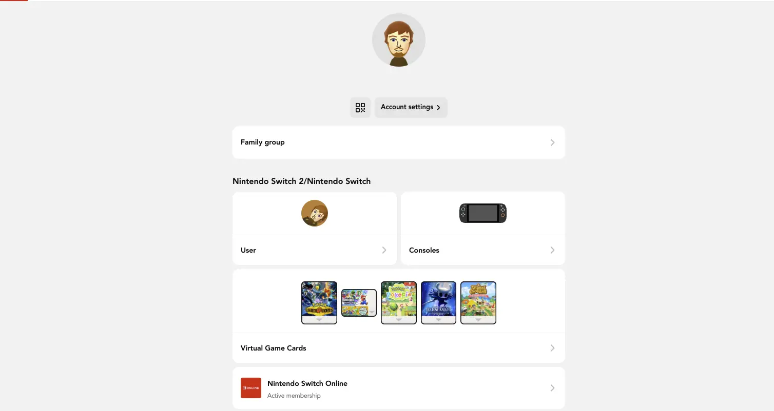 A screenshot of the Nintendo account portal with an account overview.