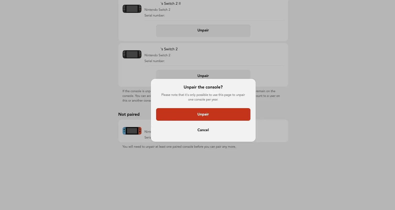 A screenshot of the Nintendo account portal with the text: Unpair the console? Please note that it's only possible to use this page to unpair one console per year.