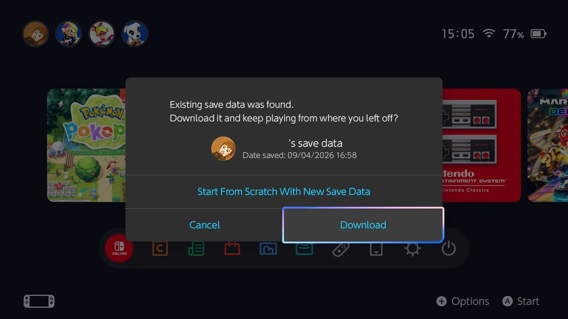 A screenshot from the Switch with the text: Existing save data was found. Download it and keep playing from where you left off?