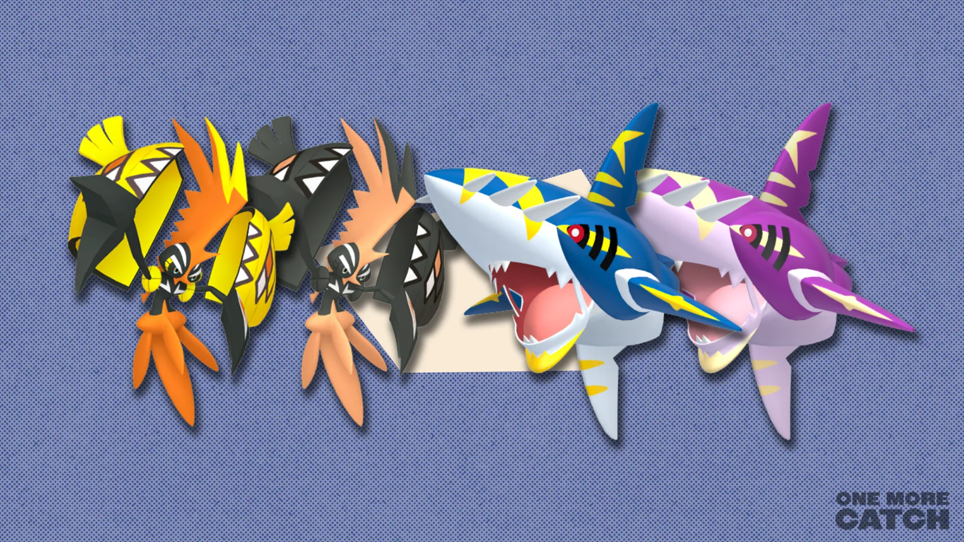 Tapu Koku and Mega Sharpedo and their shinies against a textured background.