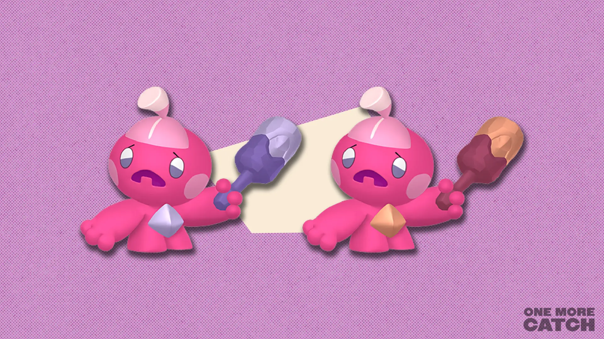 Regular and shiny Tinkatink in front of a polygonal shape and a textured background.