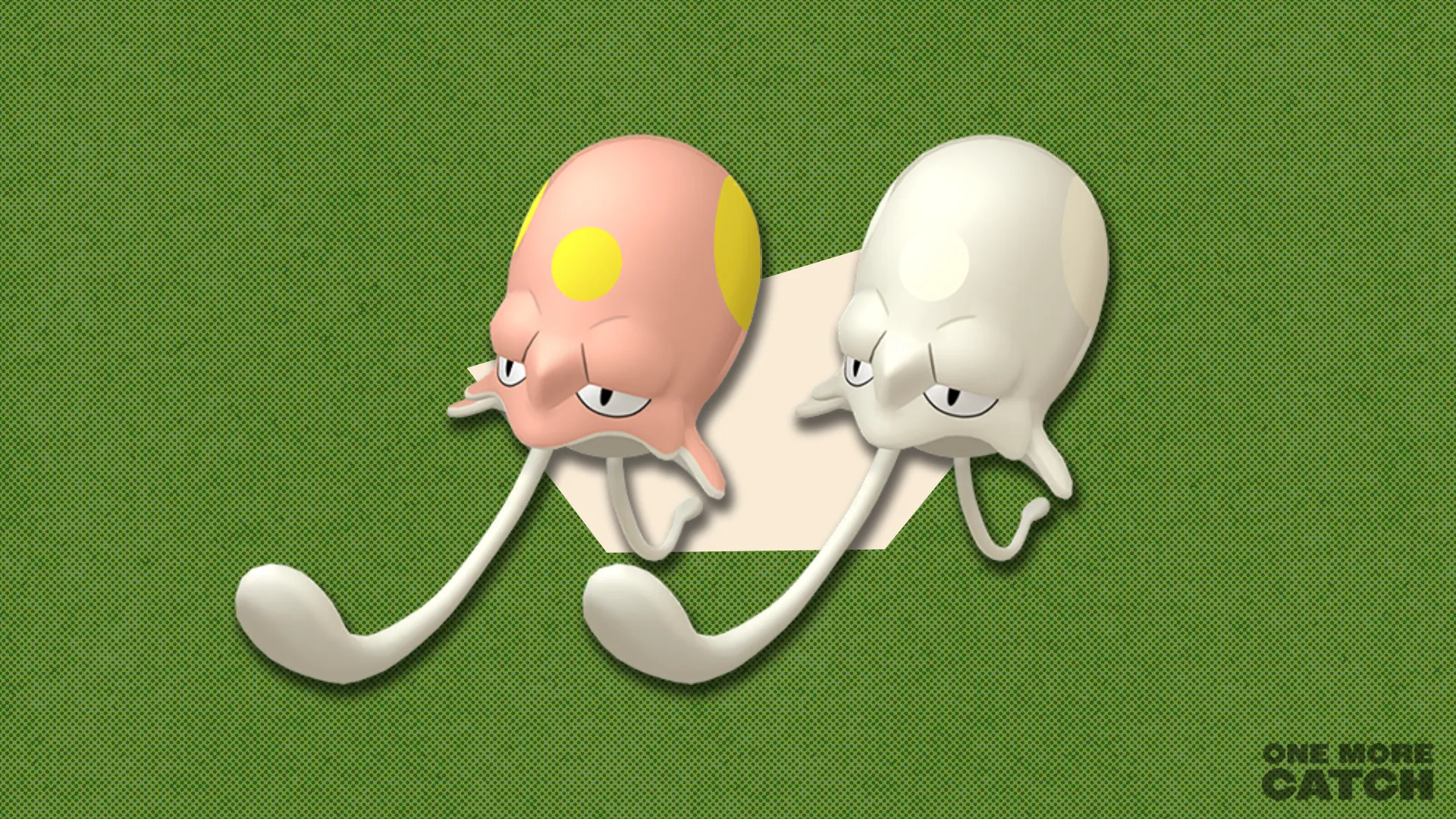 Toedscool and shiny Toedscool in front of a polygonal shape and textured background.