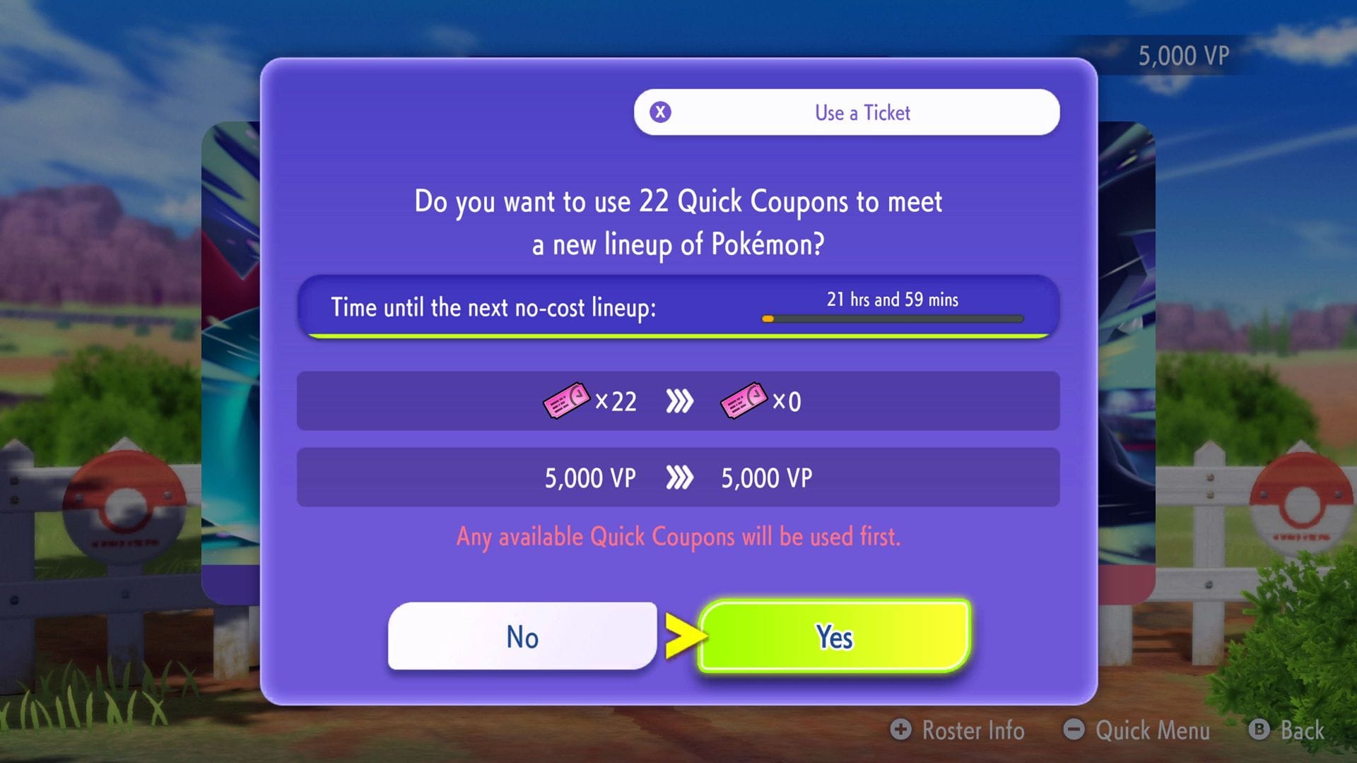 A screenshot showing the spending of Quick Coupons in Pokémon Champions.