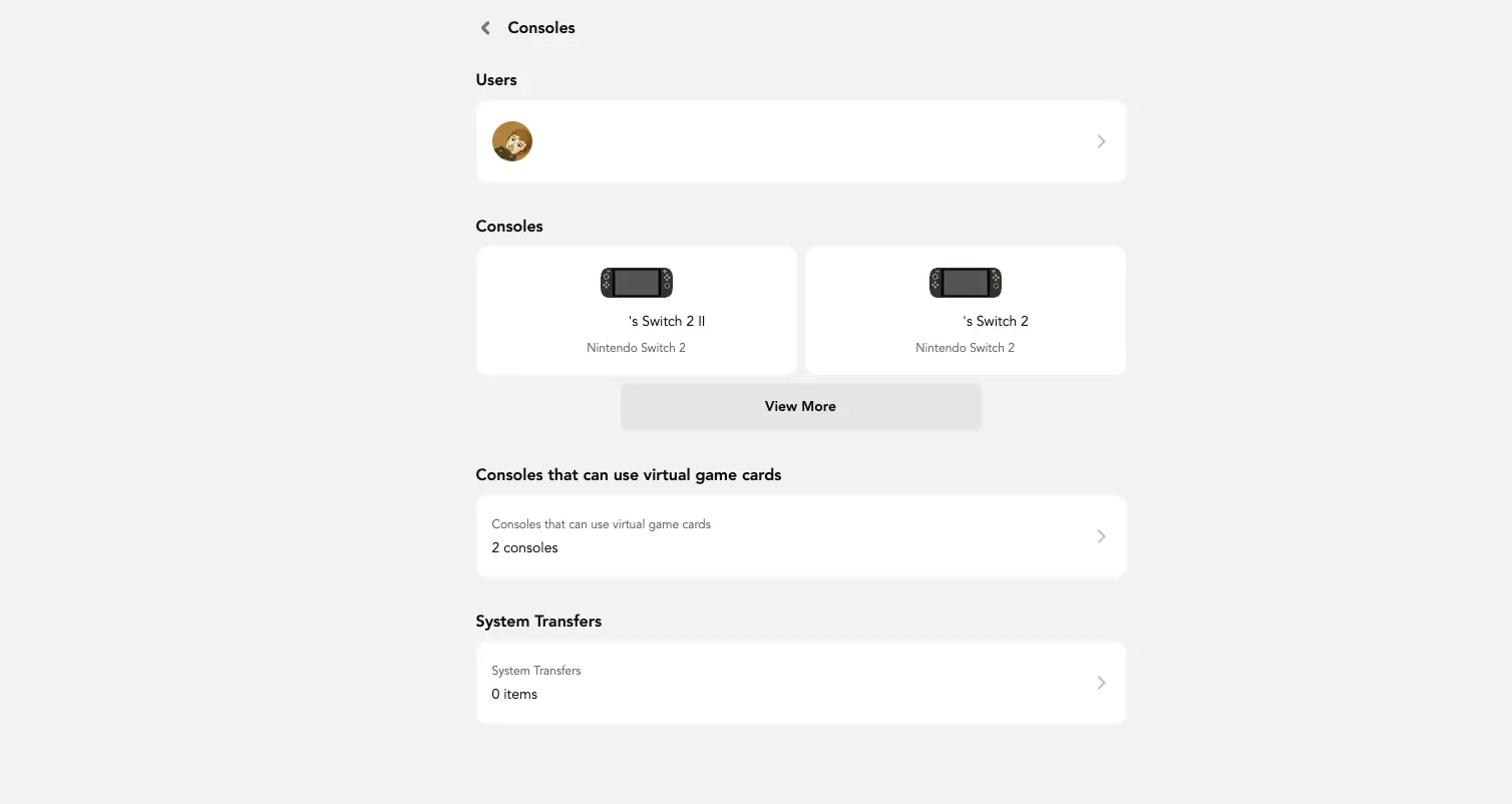 A screenshot of the Nintendo account portal with the text showing available Switch consoles.
