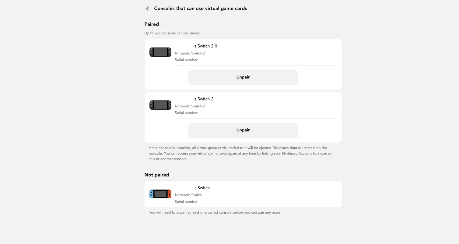 A screenshot of the Nintendo account portal showing paired Nintendo Switch consoles.
