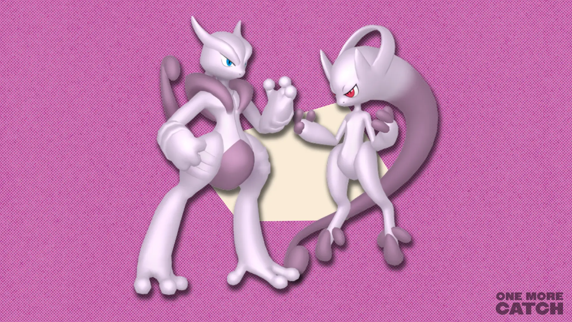 Mega Mewtwo X and Y in front of a polygonal shape and textured background.
