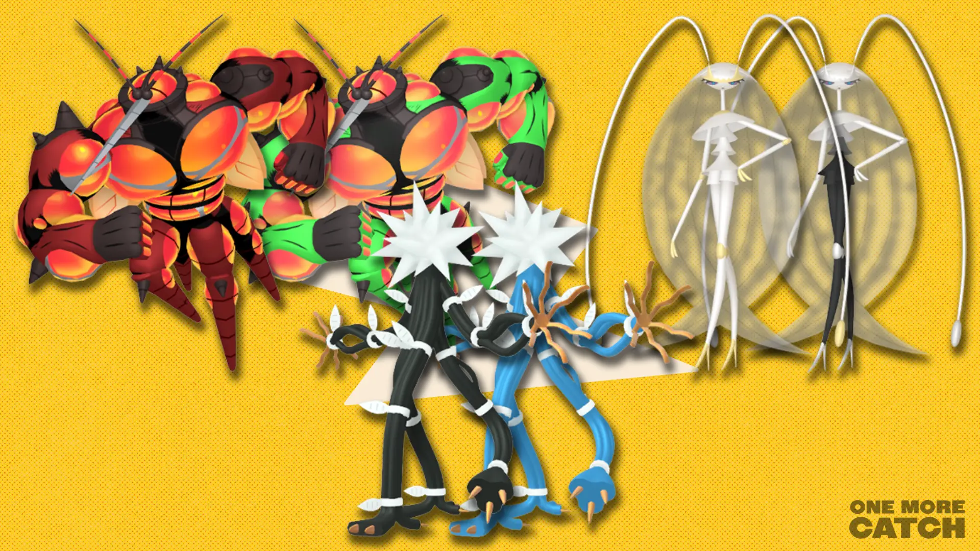 zzwole, Pheromosa and Xurkitree, next to their shiny counterparts, in front of a polygonal shape and a textured background.