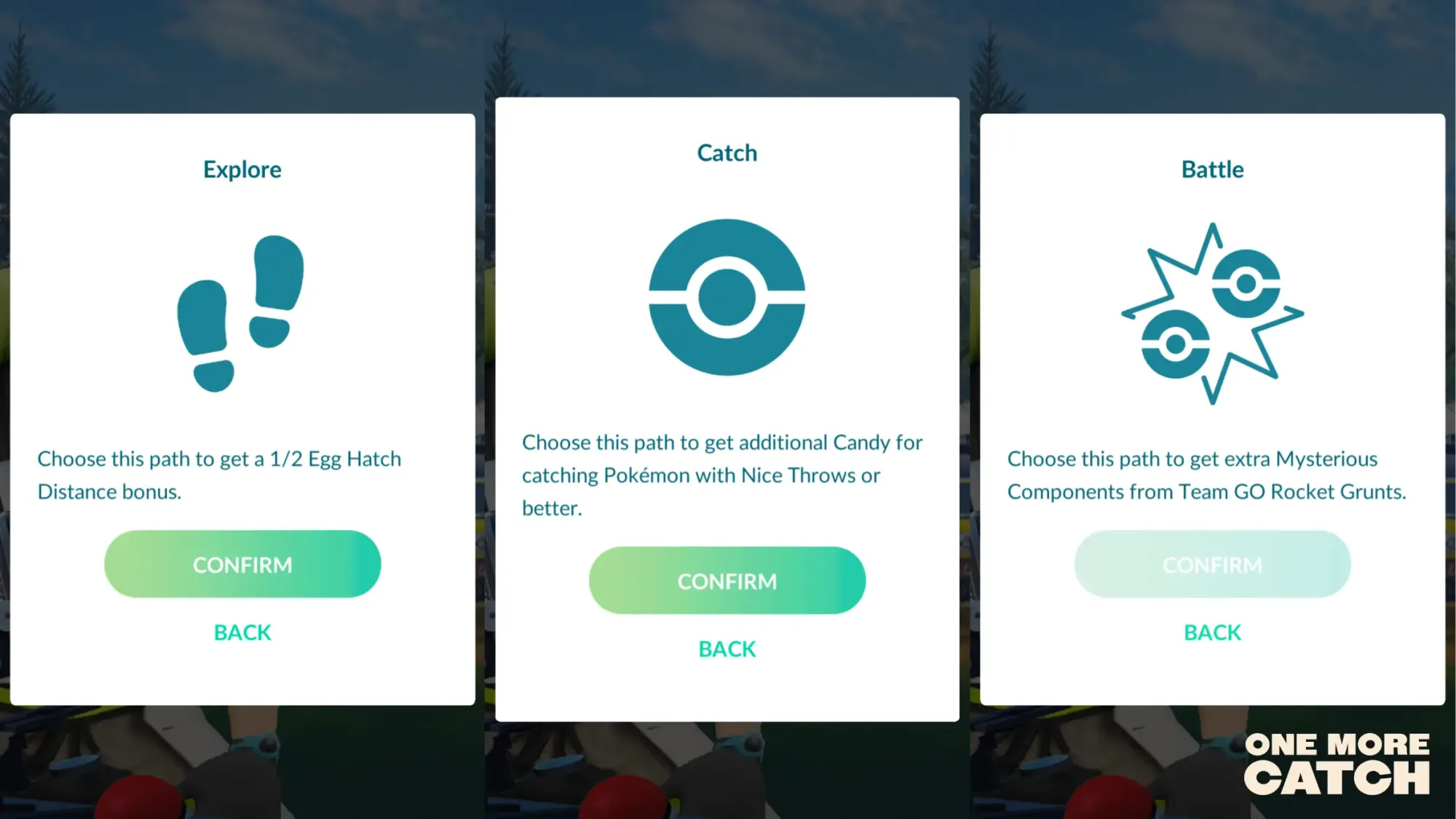Three screenshots showing Explore, Catch, Battle choices and their respective bonuses.