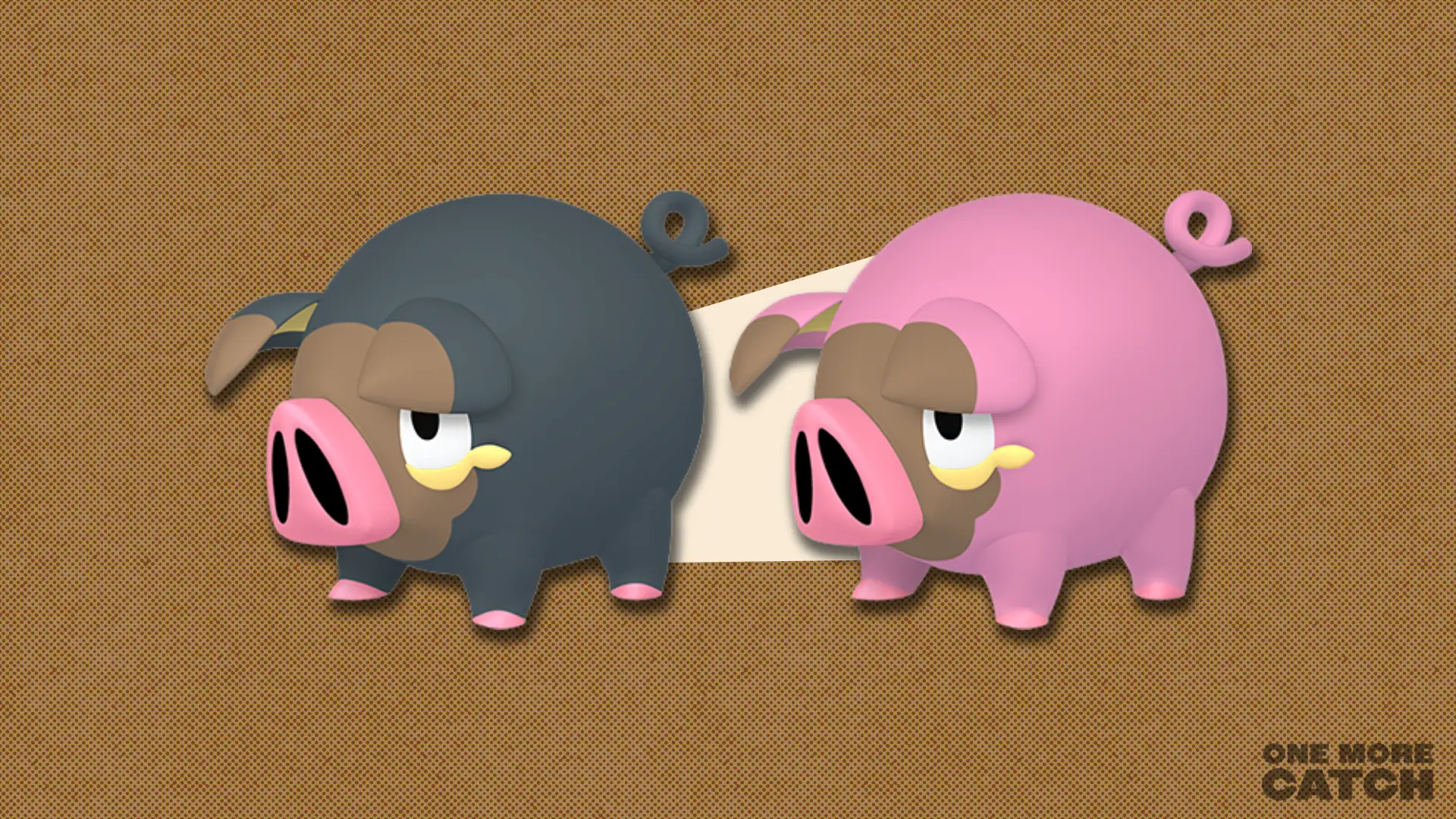 Lechonk and shiny Lechonk in front of a polygon shape and dark red textured background.