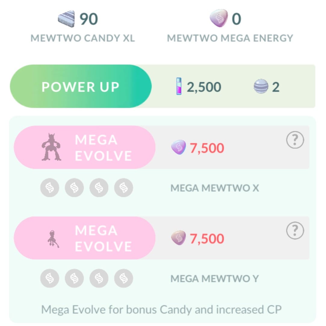A screenshot showing Mega Energy requirements for Mega Mewtwo X and Mega Mewtwo Y.