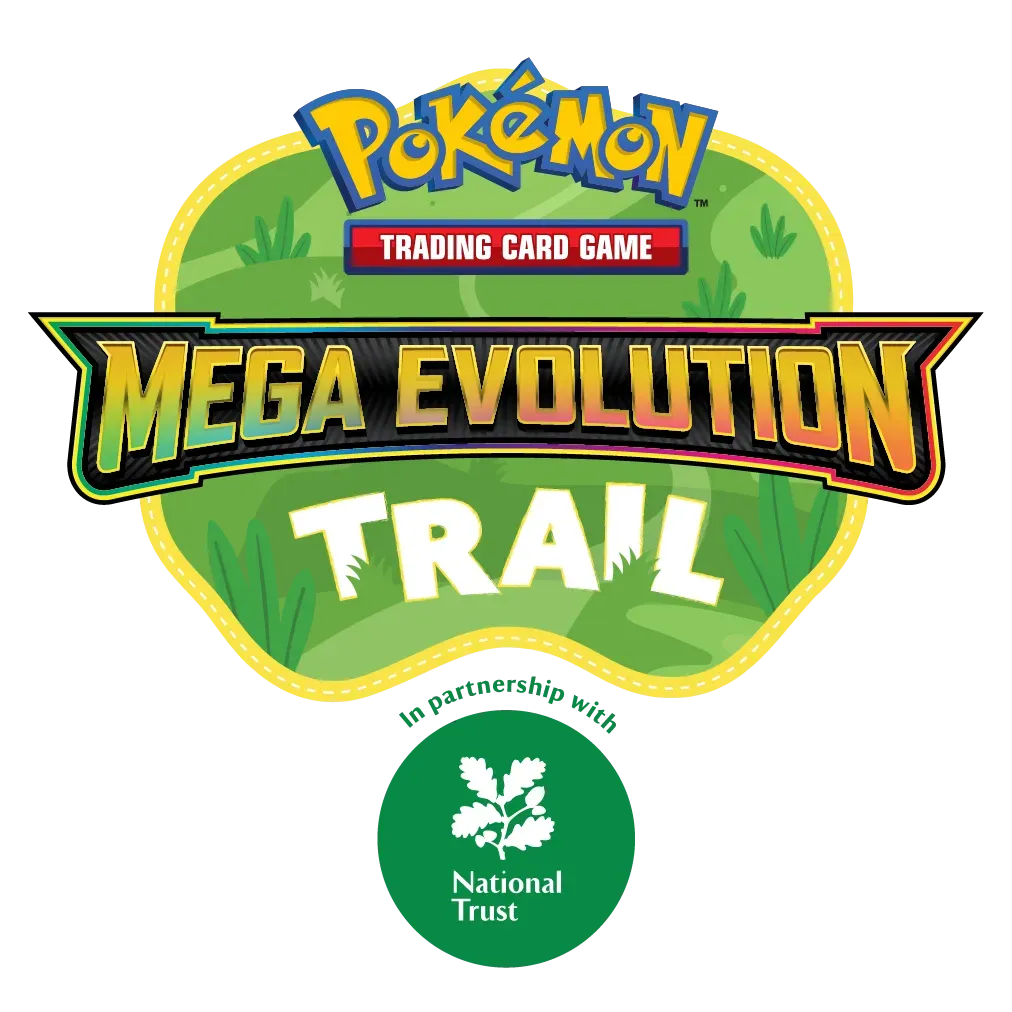 A logo for the Pokémon TCG Mega Evolution Trail, in partnership with National Trust.