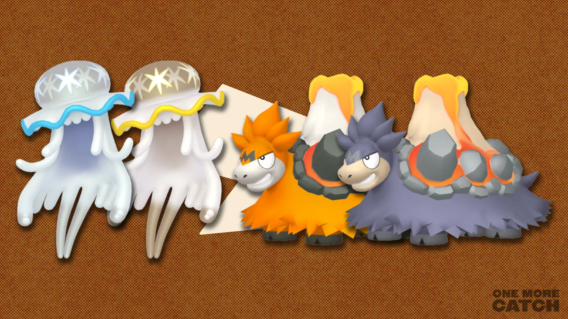 Nihilego and Mega Camerupt in front of a polygon shape and dark red textured background.